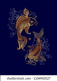 Koi carp and chrysanthemums - Asian spiritual symbols. Goldfish rises in silver waves upwards, Japanese hieroglyph - Koi. It can be used for tattoo and embossing or print for interior. T-shirt design.