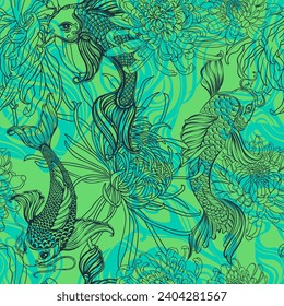 koi carp and chrysanthemums - seamless background. Asian spiritual symbols. Goldfish rises in upwards. Japanese, Korean, Thai and Chinese aesthetics. Style of Southeast Asia. Fabric printing.