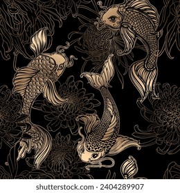 koi carp and chrysanthemums - seamless background. Asian spiritual symbols. Goldfish rises in upwards. Japanese, Korean, Thai and Chinese aesthetics. Style of Southeast Asia. Fabric printing.