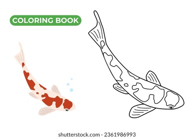 Libro de colorear carpas de Koi. Ilustración vectorial lineal. Dibujo de contorno de peces japoneses con manchas. Estilo de doodle dibujado a mano