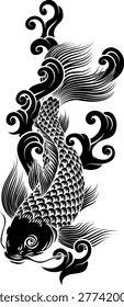 A koi carp coy fish. An original illustration in a vintage Japanese woodcut art style.