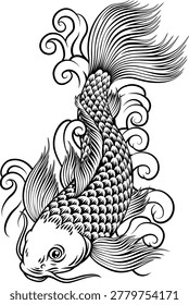 A koi carp coy fish. An original illustration in a vintage Japanese woodcut art style.