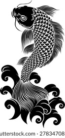 A koi carp coy fish. An original illustration in a vintage Japanese woodcut art style.