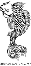 A koi carp coy fish. An original illustration in a vintage Japanese woodcut art style.