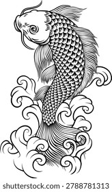 A koi carp coy fish. An original illustration in a vintage Japanese woodcut art style.