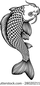 A koi carp coy fish. An original illustration in a vintage Japanese woodcut art style.