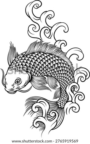 A koi carp coy fish. An original illustration in a vintage Japanese woodcut art style.