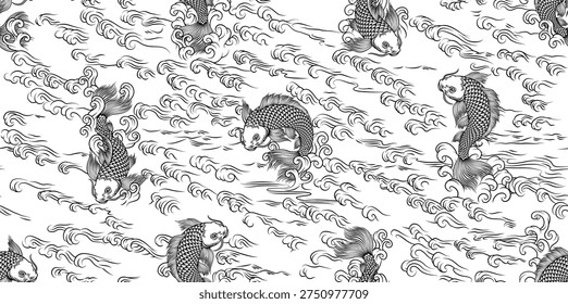 A koi carp coy fish seamlessly tiling background pattern. An original illustration in a vintage Japanese woodcut art style.