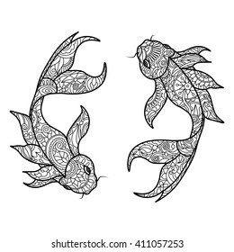 Koi carp fish coloring book for adults vector illustration. Zentangle style. Black and white lines. Lace pattern