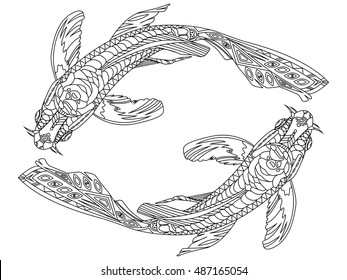 Koi carp fish coloring book for adults vector illustration. Zentangle style. Black and white lines. Lace pattern