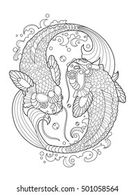 Koi carp fish coloring book for adults vector illustration. Anti-stress coloring for adult. Tattoo stencil. Zentangle style. Black and white lines. Lace pattern