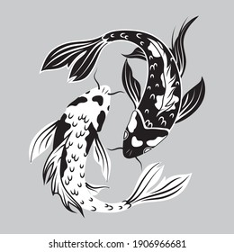 Koi carp fish illustration. Silhouettes of Asian ornamental fish for the pond. Fish top view. Japanese symbol. Yin Yang fish.