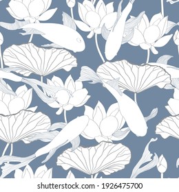 Koi carp fish and Japanese chrisantemum seamless pattern, japanese pattern. Blue line background.