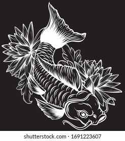 Koi carp fish in lotus water lily flowers.