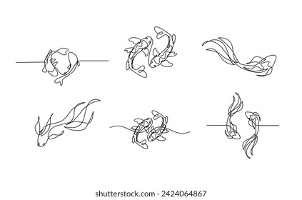 pez carpa koi sobre el fondo blanco en una plantilla de estilo de dibujo de línea única continua