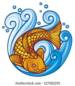 koi carp fish in the sea waves (japanese  or chinese inspired design)
