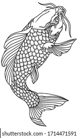 Koi Carp Fish Swimming Up. Outline Tattoo. Isolated Vector Illustration