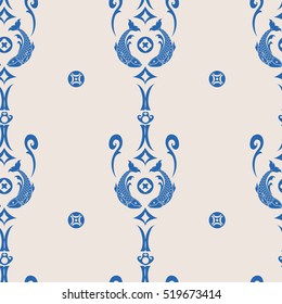 Koi Carp fish vector seamless pattern.  Traditional blue Chinese porcelain pattern.
