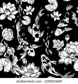 koi carp fish and water lillies black and white seamless pattern - vector illustration