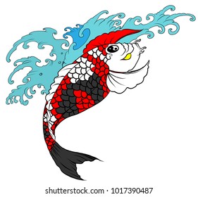 Koi carp fish with water spash isolate on white background.Koi fish and Japanese wave tattoo design.