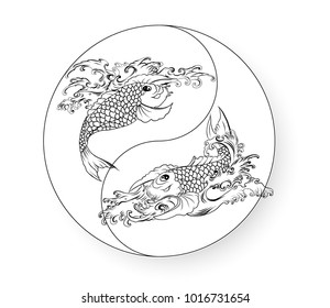 Koi carp fish with Yin Yang symbol.Koi fish tattoo design.Hand drawn outline Koi fish and Japanese tattoo.doodle art for Japanese tattoo