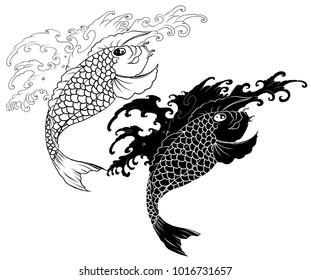 Koi carp fish with Yin Yang symbol.Silhouette Koi fish tattoo design.Hand drawn outline Koi fish and Japanese tattoo.doodle art for Japanese tattoo.