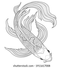 Koi carp fish.Coloring book antistress for children and adults. Zen-tangle style.Black and white drawing.Hand draw