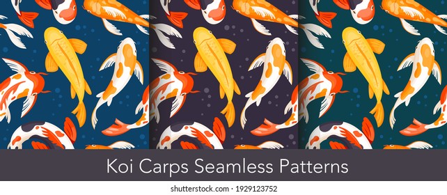 Koi carp fishes seamless pattern vector illustration set. Cartoon asian underwater aquatic colorful animals swim, japanese goldfishes pisces swimming in pond nature water with air bubbles background