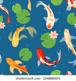 Koi carp fishes seamless pattern. Vector illustration of traditional japanese gold carp in pond with lotus, water lily. Japanese oriental garden with goldfish for posters, fabric, banners, book, web