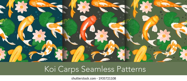 Koi carp fishes swim with lotus seamless pattern set, traditional asian fortune symbol