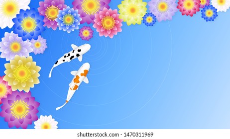 Koi carp fishes swimming with colorful water lily flowers on water background illustration vector