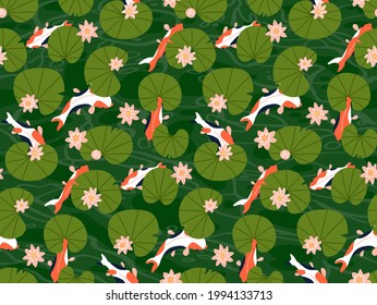 Koi Carp Fishes Under Green Lotus Leaves Seamless Pattern Vector Illustration. Many Goldfishes Swim In Water Pond. Flat Vector Illustration.