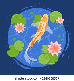 Koi carp fishes. Vector illustration of traditional japanese gold carp in pond with lotus, water lily, flowers. Japanese oriental garden with goldfish for posters, cards, banners, book, pattern, web