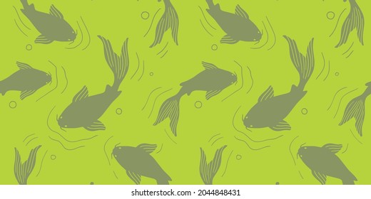 Carpa de Koi sin costuras florales. Fondo verde de fondo natural japonés con silueta de pescado koi.
