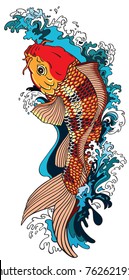 Koi Carp Gold Fish Swimming Upstream. Vector Illustration Tattoo Style Drawing