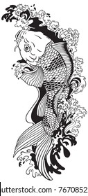 koi carp gold fish swimming upstream. Black and white vector illustration tattoo style drawing