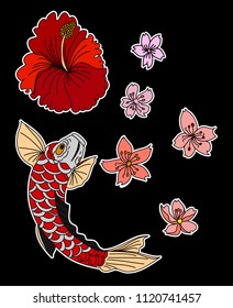 Koi carp with hibiscus flower and Sakura flower vector.
