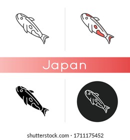 Koi carp icon. Japanese fish as luck symbol. Exotic chinese goldfish. Underwater wildlife animal. Cath and lure, fishery. Linear black and RGB color styles. Isolated vector illustrations
