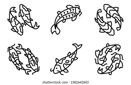 Koi carp icons set. Outline set of koi carp vector icons for web design isolated on white background