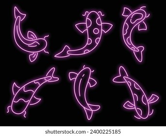 Koi carp icons set. Outline set of koi carp vector icons neon color on black