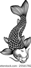 A koi carp Japanese fish design in an engraved vintage etched woodcut tattoo style 