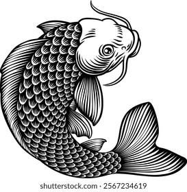 A koi carp Japanese fish design in an engraved vintage etched woodcut tattoo style 