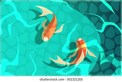 Koi carp japanese  symbol of luck fortune prosperity retro cartoon fishes in water poster vector illustration 