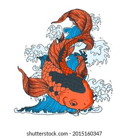 Koi carp with japanese waves. Vector illustration. Tattoo print. Hand drawn illustration for t-shirt print, fabric and other uses. 