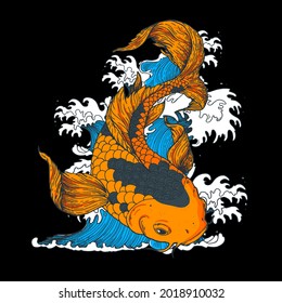 Koi carp with japanese waves. Vector illustration. Tattoo print. Hand drawn illustration for t-shirt print, fabric and other uses.