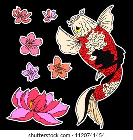 Koi carp with lotus and cherry blossom vector.