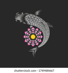 Koi carp and lotus flower creative japanese fish and water lily symbol of luck, prosperity, and good fortune in thin lines, gradient linear art graphic for tattoo or print on clothes