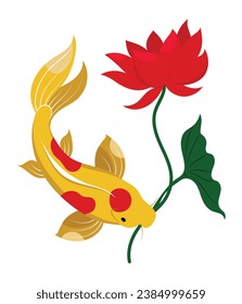 Koi carp with lotus flower, hand drawn isolated vector illustration with traditional Asian symbols