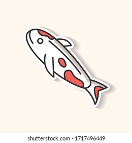 Parche de carpa Koi. El pescado japonés como símbolo de suerte. Exótico pez dorado chino. Animales submarinos de vida salvaje. Cata y señuelo, pesca. Etiqueta grabable en color RGB. Ilustración aislada de vectores