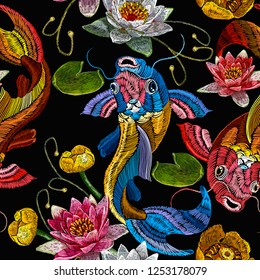 Koi carp, pink and white lotuses and water lilies, template fashionable clothes, t-shirt design. Embroidery koi fish and water lily seamless pattern, japanese art 